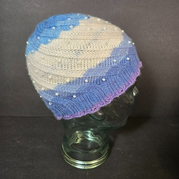 Handmade Knit Hat Blue Purple Faux Pearl Swirl Design Warm Winter Cap Wool Blend - Picture 3 of 7